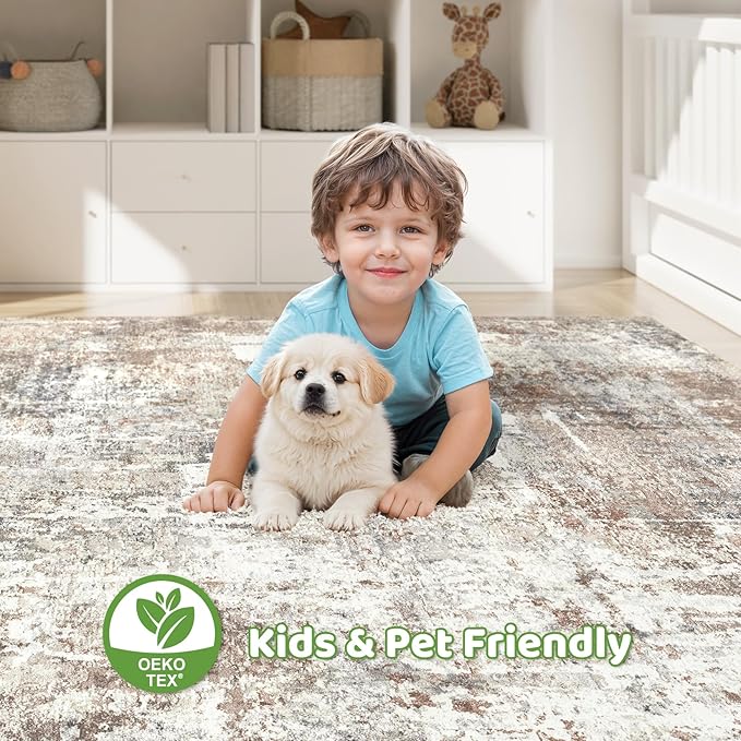 Large Area Rugs 12x15: Washable Abstract Modern Soft Rug Stain Resistant Indoor Floor Non-Slip Accent Carpet for Living Room Bedroom Nursery Playroom Dining Room Office Dorm Home House- Brown