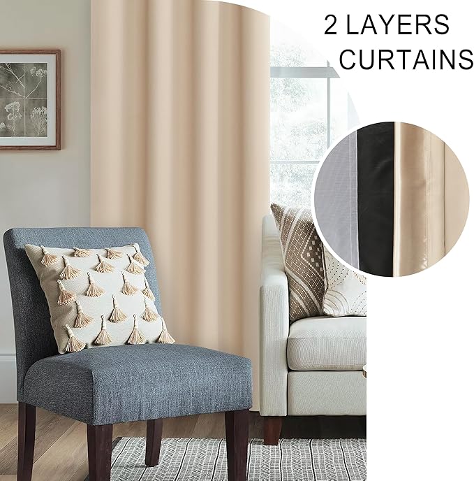 XWZO 100% Blackout Curtains, Double Layer Full Room Darkening and Energy Efficiency Rod Pocket Window Panels with Tiebacks for Living Room, Biscotti Beige, W52 x L108, Set of 2 Drape Panels