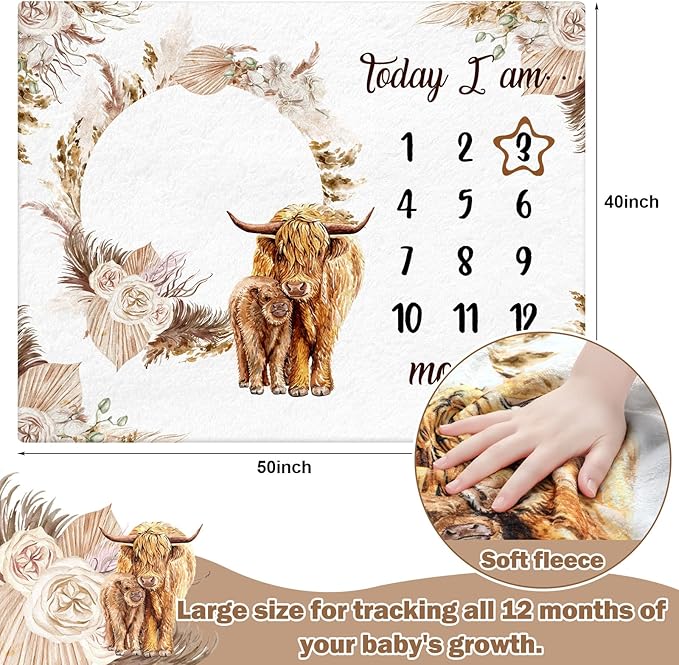 Boho Floral Baby Monthly Milestone Blanket Neutral Bohemian Photo Prop Blanket Personalized Highland Cow Baby Present Pampas Grass Ideas for Newborn Nursery Decor (Brown, Highland Cow)