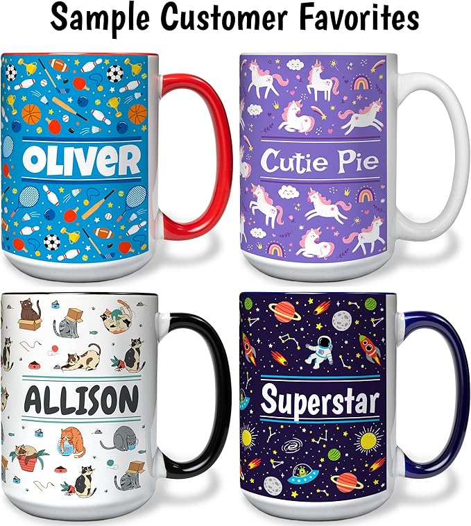 Personalized Mug for Kids - Outer Space - Custom Name/Text, Ceramic Hot Chocolate/Cocoa/Coffee Cup for Boys/Girls, Birthday/Christmas/Holiday Gift - 15 oz, Red Handle