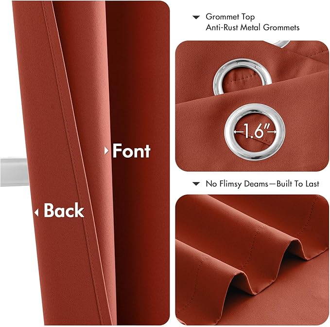MIULEE Burnt Orange Blackout Curtains for Bedroom Living Room 63 Inches Long 2 Panels, Thermal Insulated Room Darkening Drapes Solid Grommet Top Noise Reduction Terracotta Rust Fall Window Treatments