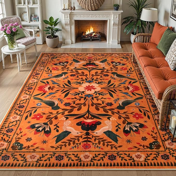 Moynesa Washable Rugs 8x10, Ultra Thin Boho Bird Living Room Area Rug Stain Resistance, Indoor Soft Orange Floral Large Easy Clean Carpet for Bedroom Dining Room Under Table Kid Playroom