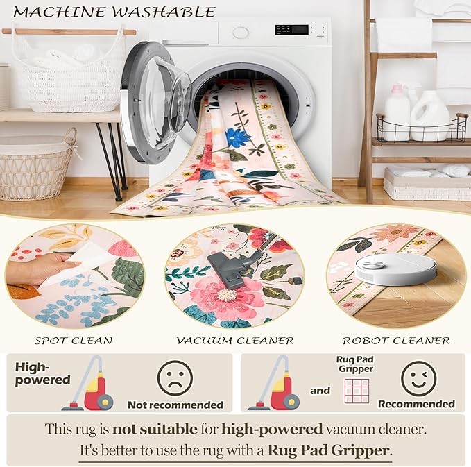 Floral 8ft Area Rug Machine Washable Soft Print Boho Carpet Non Slip Doormat Low Pile Flower Area Rugs for Living Room Bedroom Nursery Kitchen Dining Room Indoor-Pink
