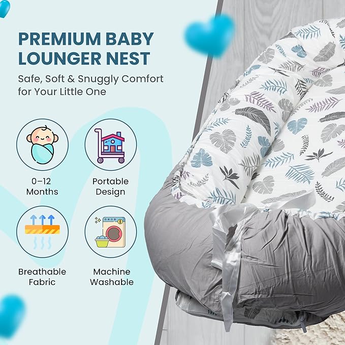 Baby Support Base for Awake Time – Foldable & Soft – 100% Cotton - Machine Washable - Perfect Baby Gift– Breathable & Soft Travel for Baby Boys & Girls (Feathers n Leaves-Grey)