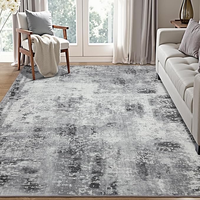 Kelarea Living Room Rug 4x6 Grey Area Rug Machine Washable Rugs, Non Slip Abstract Vintage Indoor Carpet for Bedroom, Nursery, Classroom, Dining Room, Home Office