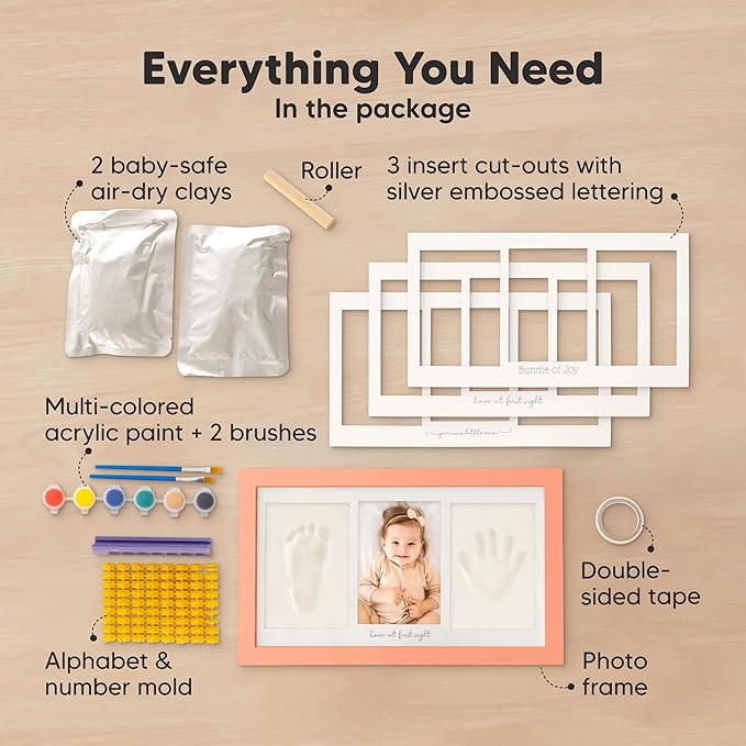 Baby Hand and Footprint Kit - Clay Handprint Keepsake Frame, Newborn Nursery Picture Frame, Personalized New Mom Gifts for Baby Shower & Registry (Salmon)