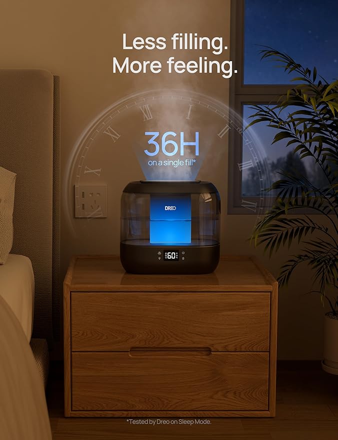 Dreo Smart Humidifiers for Bedroom, Top Fill 4L Supersized Humidifier Large Room with 28 dB, 36H Runtime, Touch/APP/Voice Control, Nightlight, Cool Mist Humidifiers for Baby, Plants, Indoor, Black