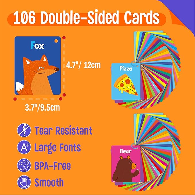 106 PCS Early Learning Flashcards, Double Sided Cards- Alphabet, Numbers, Foods, Animals, Shapes, Colors, Home Object with 4 Reclosable Rings, Learning Tool for Pre-K Kindergarten Toddlers