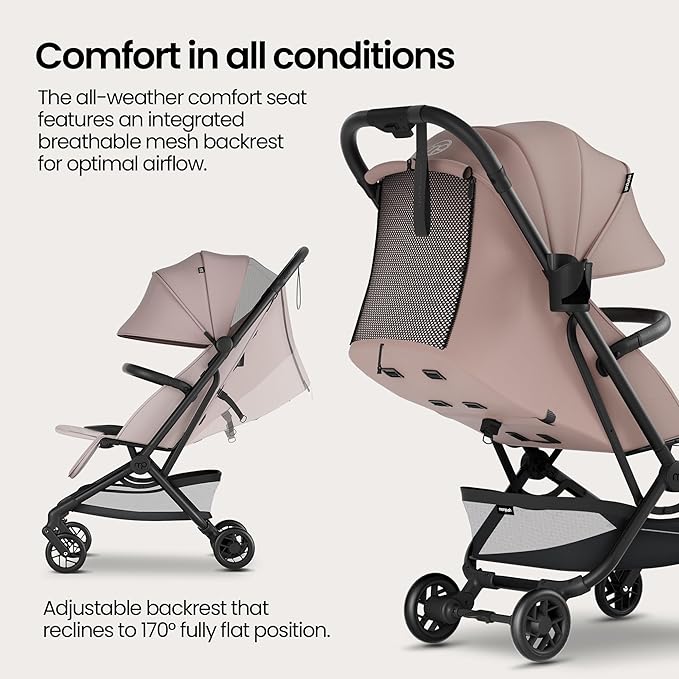 Mompush Velo Lightweight Travel Stroller – One-Hand Fold, Ultra-Compact & Airplane Friendly, Lie-Flat Recline Seat (from Birth to 50 lbs), Includes Cup Holder, Shoulder Strap, and Leather Bumper Bar