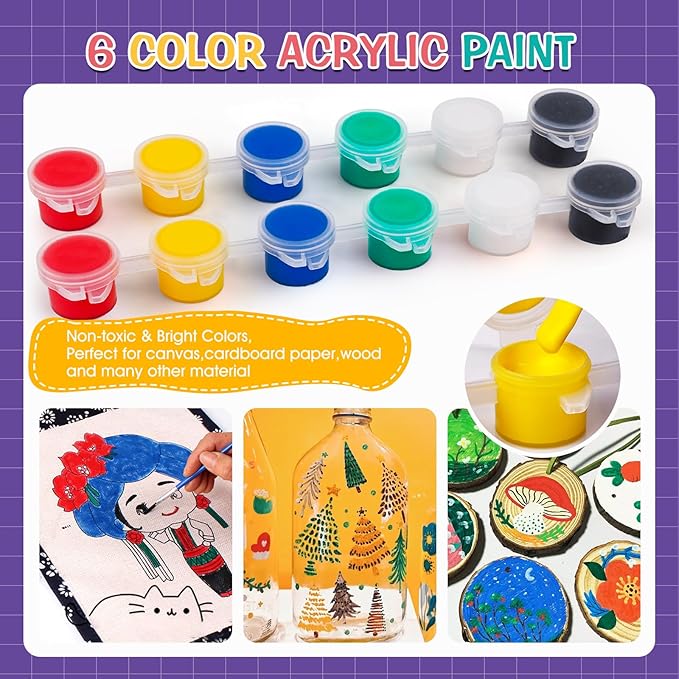 ESRICH 30Pack Mini Acrylic Paint Kit,Canvas Painting Kit,4inStretched Canva with6in Easel,Acrylic Paint Strips,Palettes,Painting Brushes,Canva and Easel Set for Kids Artists Beginner,Gift