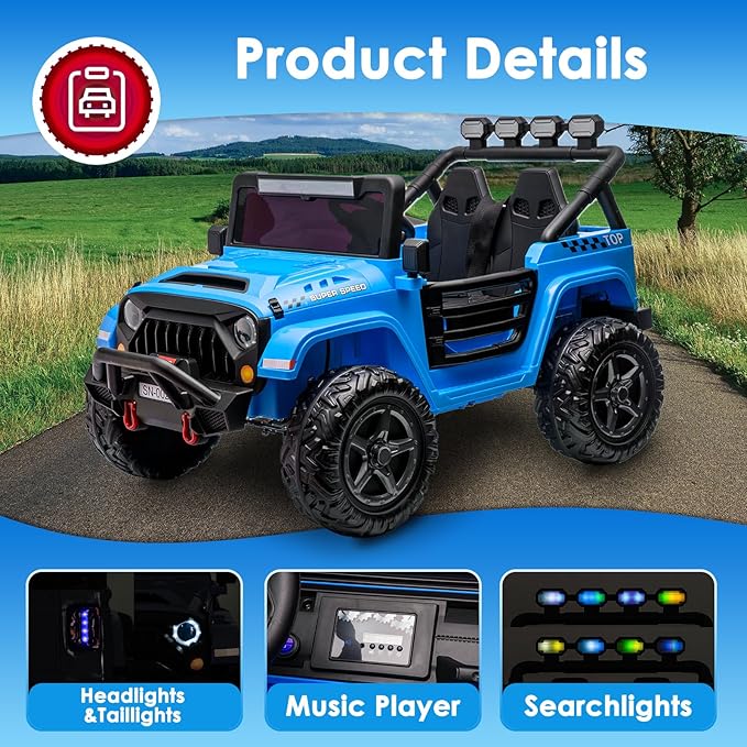 24V 2 Seater Ride On Truck with Remote Control 4WD Electric Car for Kids Ride On Car Battery Powered Ride On Toy Car with Music Player, LED Lights, Bluetooth, Rear Shock Absorber, Blue