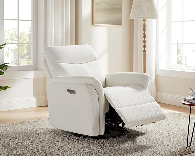 Power Recliner Chair Swivel Glider, Electric Rocking Recliner Chairs with USB and Type-C Ports, Nursery Chair Recliner for Living Room, Bedroom, Apartment（White）