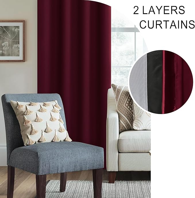 XWZO Full Shading Blackout Curtains 54 Inches Length - Heat and Light Blocking Rod Pocket Window Drapes with Black Liner Backing for Bedroom Sewn with Tiebacks, Burgundy, W42 x L54, Set of 2 Panels