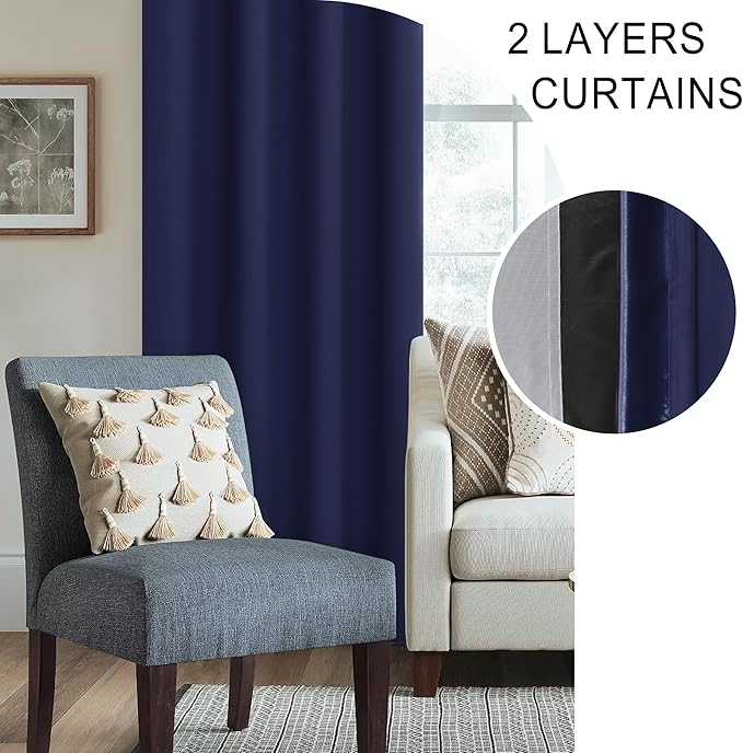 XWZO Full Shading Blackout Curtains 63 Inches Length with Tiebacks- Heat and Light Blocking Rod Pocket Window Drapes with Black Liner Backing for Bedroom/Living Room, Navy Blue, W60 x L63, Set of 2
