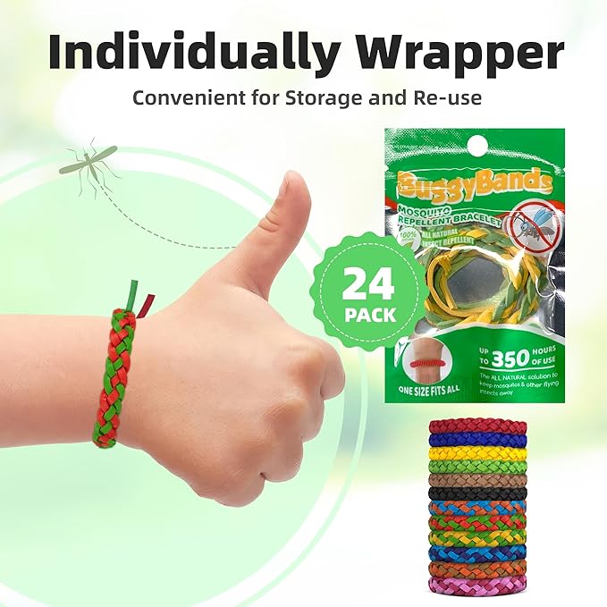 Mosquito Repellent Bracelets, DEET-Free, Individually Wrapped PU Leather Insect & Bug Repellent Wrist Bands (Pack of 24)