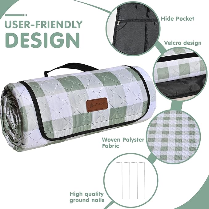 HX&OD Outdoor Picnic Blanket, Extra Large, 80''x80'' Waterproof Foldable Blankets Gingham Picnic Mat for Beach, Camping Grass Lawn Park Accessories Cute Couple Ideas Wedding (Green, 80”x80”)