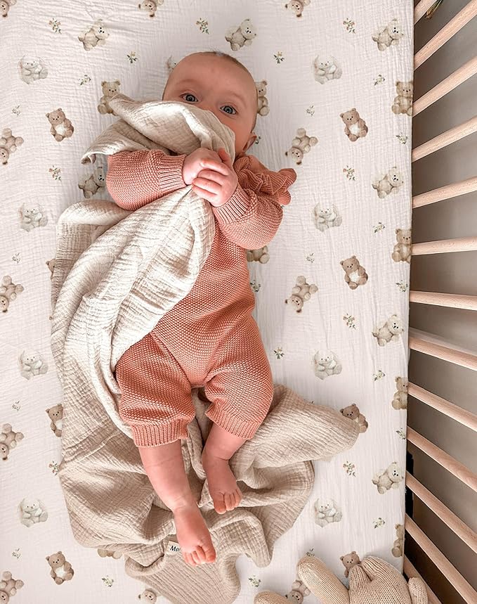 Bassinet Sheet for Baby Boy and Girl 2 Pack, Fitted Sheets for Rectangle, Oval, Hourglass Bassinet Mattress, Muslin Moses Basket Sheets with Neutral Style (Teddy & Friends)