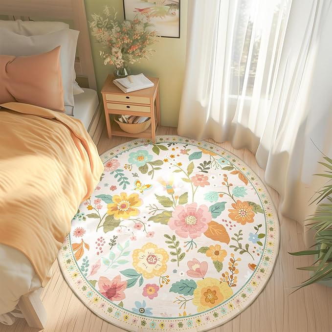 Floral 6ft Area Rug Machine Washable Soft Print Boho Carpet Non Slip Doormat Low Pile Flower Area Rugs for Living Room Bedroom Nursery Kitchen Dining Room Indoor-Beige/White/Orange