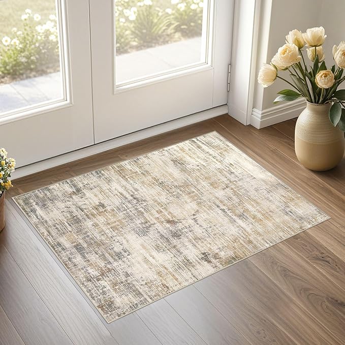 2x3 Entryway Area Rugs: Washable Neutral Abstract Small Rug Door Mat Non-Slip Soft Low Pile Indoor Carpe for Entrance Kitchen Front Door Bathroom Entry Kids Room - Golden Brown
