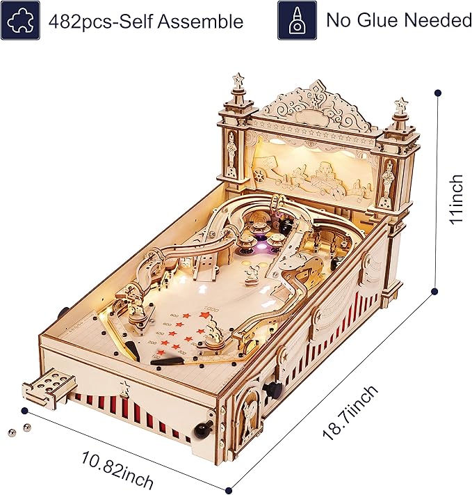 Rowood Wooden Puzzles 3D Pinball Machine Mechanical Model Wooden 3D Puzzles for Adults DIY Pinball Game Wooden Puzzle-Model Building Kits Christmas Birthday Gifts for Adult and 14+ Teens