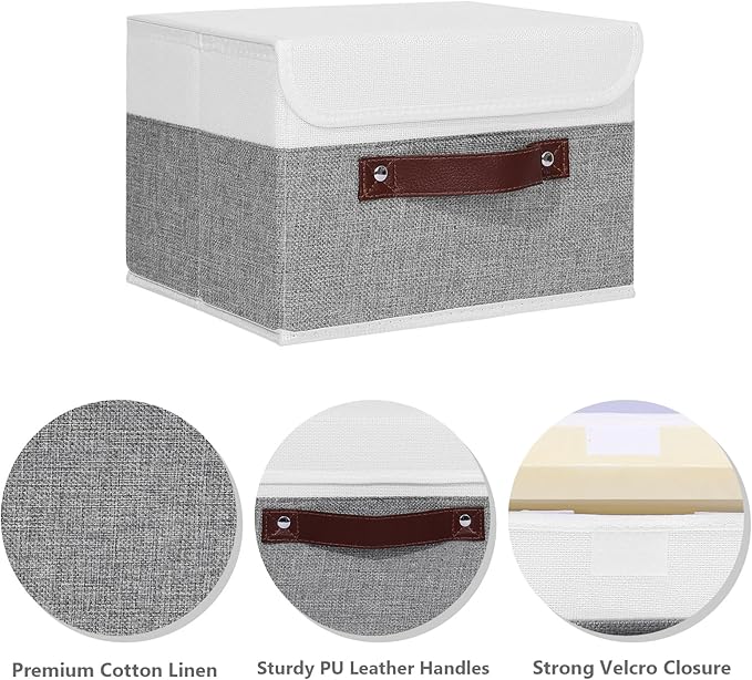 ANMINY 2PCS Storage Boxes with Lid Washable Decorative Storage Bins Basket with PU Leather Handle Foldable Linen Fabric Storage Cubes Containers for Home Closet Organizer - Gray White, Small Size
