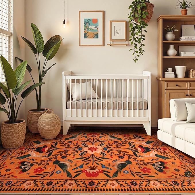 Moynesa Washable Area Rugs 5x7, Ultra Thin Soft Rugs for Living Room Bedroom Non Slip, Indoor Boho Bird Patterned Orange Floral Throw Carpet for Playroom Office Kitchen Stain Resistance