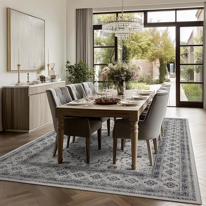 9x12 Area Rug Living Room Rugs, Stain Resistant Washable Rug, Vintage Large Non-Slip Backing, Low Pile Lightweight Print Rug for Bedroom Dinning Room Home Office (White Cream/Gray)