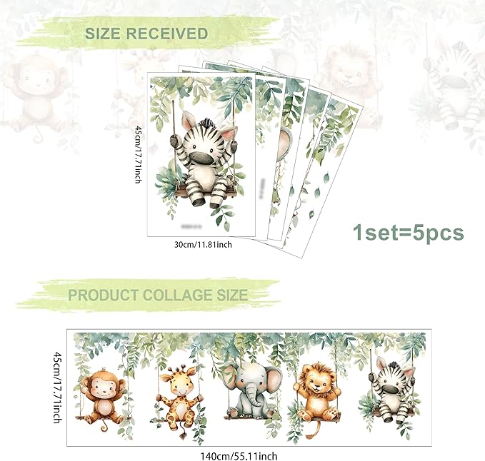 Jungle Animal Wall Decals,Jungle Animals Monkey Elephants, Lions, Zebras, Giraffes Vine Leaves Wall Stickers,Zoo Sticker for Kids Baby Boys Room Nursery Bedroom Playroom Home Decoration.