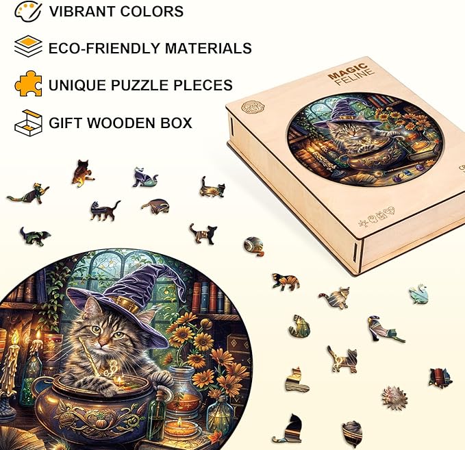 KAAYEE Wooden Puzzles for Adults, 3D Visual Effect Magic Feline Cat Wooden Jigsaw Puzzle Unique Shape Wood Puzzle Adult, 3D Effect Flat Puzzle Birthday Family Game (S-8.5 * 8.5 in-100pcs)