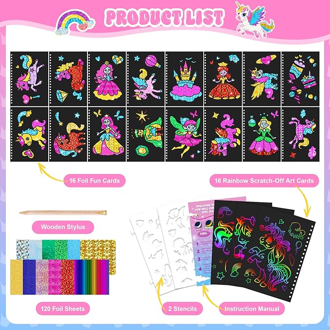 homicozy Art & Craft Activity for Kids: Foil Fun Unicorns and Princess & Scratch Art Book 2-in-1,No Mess Art Crafts for Girls,DIY Creative Activity Kit,Gifts for Girls Ages 4,5,6,7,8,9, Travel Toys