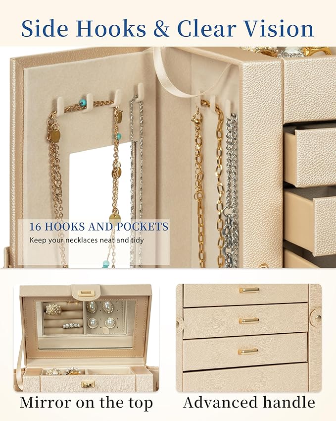 AKOZLIN Jewelry Box 6-Tier Organizer Functional 360° Rotating Jewelry Storage Case for Women Girls Ring Necklace Earring Bracelet Holder with Mirror