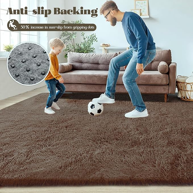 5x7 Area Rug for Living Room: Fluffy Shag Soft Washable Rugs Fuzzy Plush Indoor Carpet for Bedroom Nursery Playroom Dorm Kids Girls Boys Room (Coffee, 5'x7')