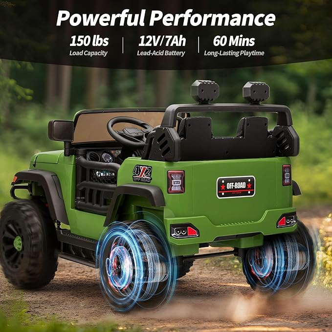 2 Seater Ride on Car Truck, 12V Kids Electric Ride on Toy for Big Kids Age 3-8 w/Remote Control- Army Green