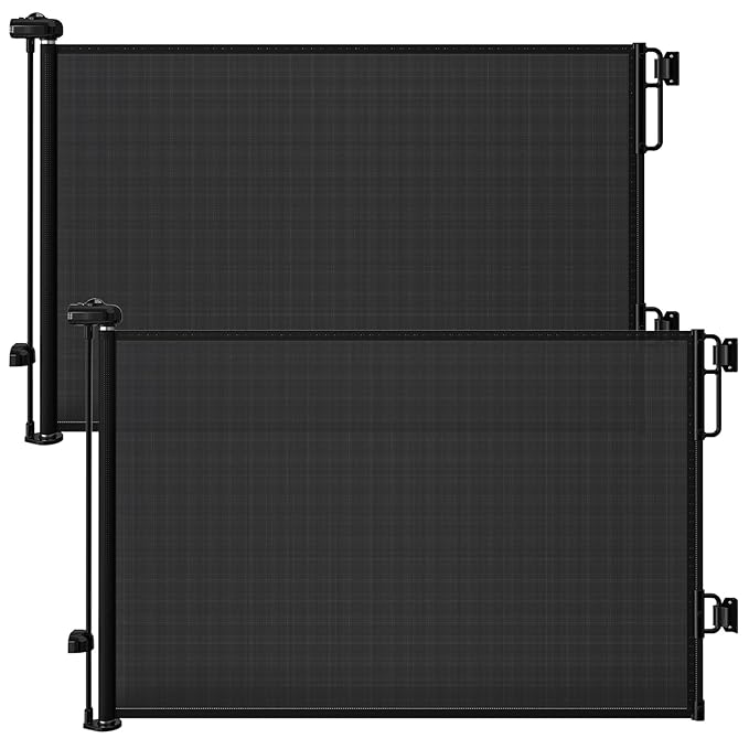 Cumbor 2-Pack Retractable Baby Gates for Stairs, 55" Wide Soft Mesh Pet Gate for Dogs with One Hand Opening, 34" Tall Toddler Gate with Top Lock for Bedroom, Doorways, Indoor/Outdoor, Black