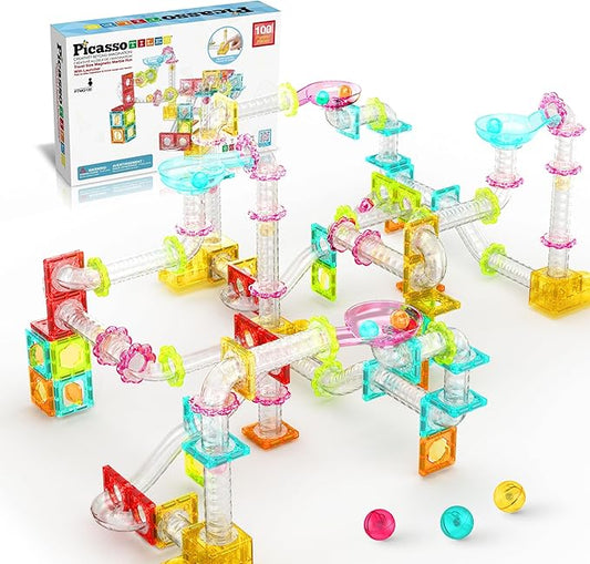 PicassoTiles 100pc Magnetic Marble Run Travel Size Tile Blocks Construction Kids Toy Set On The Go Mini Magnet Tiles Marbles Playset for Race Track Building Block STEM Learning Kit Boy Girl 3+ PTMG100