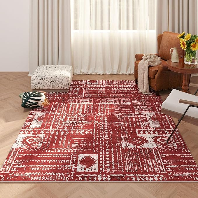 Living Room Rug 5x7 Rug Machine Washable Boho Area Rug Non Slip Moroccan Vintage Low Pile Large Rugs for Living Room, Bedroom, Farmhouse, Dining Room, Kids Playroom(Terracotta)