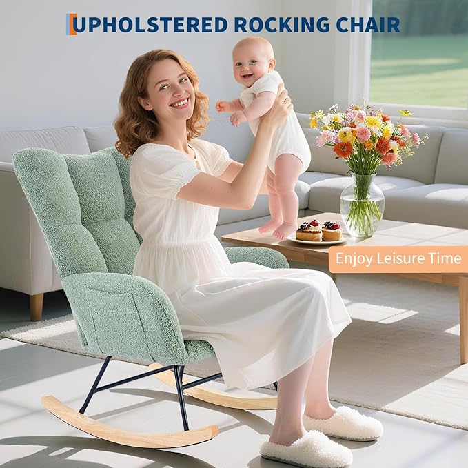 Nursery Rocking Chair,300Lb Glider Chair with Wood Legs/Two Side Pockets,Teddy Upholstered Glider Rocker with Padded Seat High Backrest for Living Room/Bedroom/Nursery