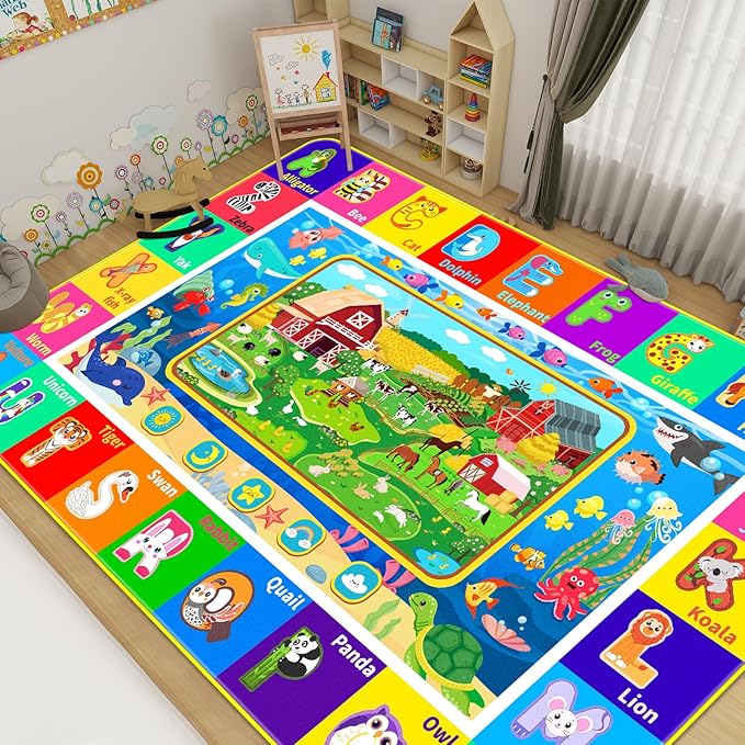 Kids Rug for Playroom, Kids Baby Playmat with Farm Sea Animal, Alphabet ABC Educational Rug, Floor Play Mat Carpet for Bedroom Preschool Classroom (59 X 39.4 INCH, Farm)