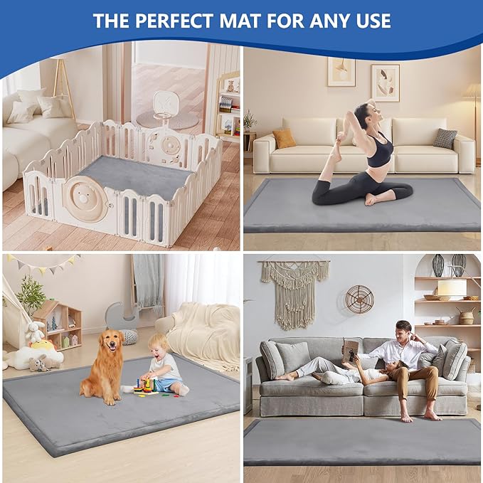 Baby Play Mat for Floor,1.3" Thick Memory Foam Tummy Time Mat,Soft Coral Velvet Nursery Rug,Large Non Slip for Crawling,Toddlers,Infants,Kids,Yoga & Tatami Style for Living Room(Dark Gray)