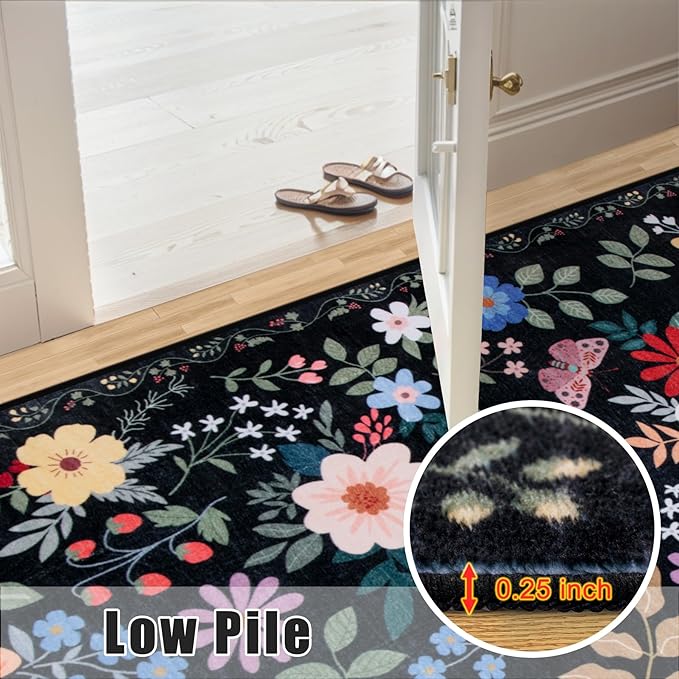 10x14 Area Rugs for Living Room: Floral Washable Rug Vintage Large Soft Boho Non-Slip Carpet Stain Resistant Low Pile Carpets for Bedroom Dining Room Farmhouse Nursery Hallway Home Office Black