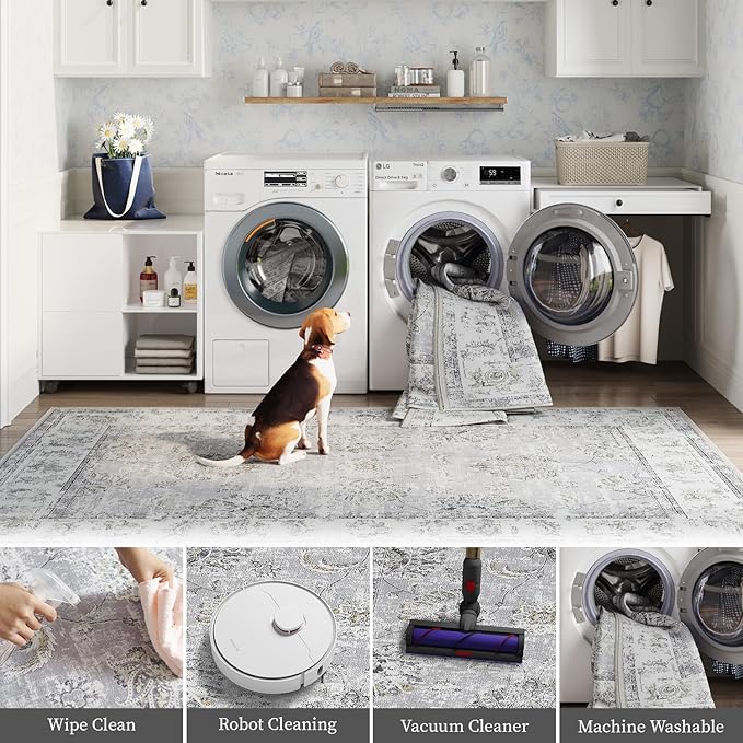 jinchan Runner Rug 3x10-2pcs Kitchen Washable Vintage Hallway Rug Floral Print Floor Cover Indoor Thin Retro Mat Accent for Bathroom Laundry Room Bedroom Office Farmhouse (Double,Grey)