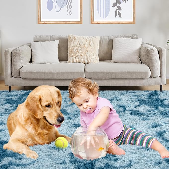 Area Rugs 9x12, Fluffy Rugs for Living Room, Ultra Soft Rugs for Bedroom, Non-Slip Indoor Carpet for Nursery, Kids Room, Playroom, Home Decor, Tie-Dyed Blue