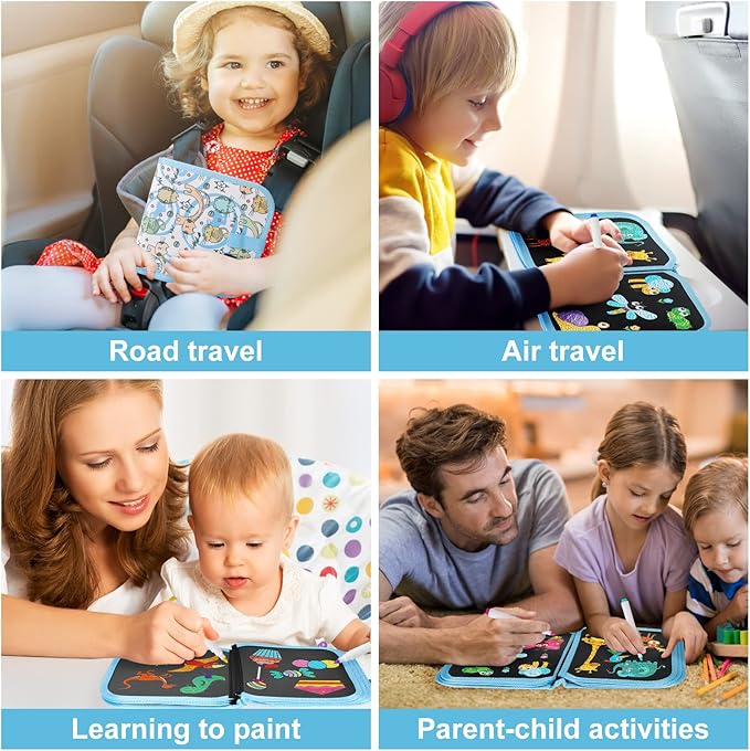 Erasable Doodle Set for Kids - Magic Drawing Book With 12 Watercolor Pens, 14 Pages - Road Trip Car Game Writing Painting Set for Boys and Girls (Arch Bridge Cat)
