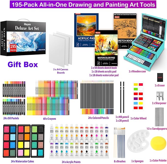 iBayam Arts and Crafts Kits for Kids Teens Girls Boys Adult, 195-Pack Deluxe Art Set Box with 3 PCS Drawing Pads, Canvases, Acrylic Painting, Drawing & Art Supplies for Pumpkin, Halloween, Christmas