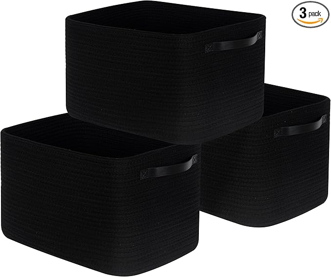 MINTWOOD Design 3-Pack Storage Baskets for Shelves, Decorative Baskets for Organizing, Woven Baskets for Storage, Book Basket Cube Bin Box, Pantry Closet, Shoe Organizer, Black / Black