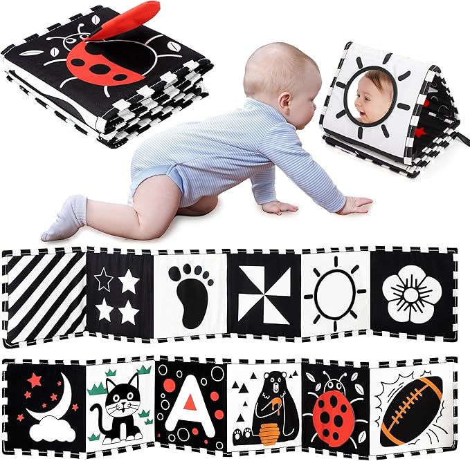 URMYWO Black and White Baby Toys, Tummy Time High Contrast Newborn Toys 0-3 Months, Soft Baby Book, Visual Stimulation Montessori Sensory Infant Toys 0-6-12 Months, Shower Gift for Boys Girls
