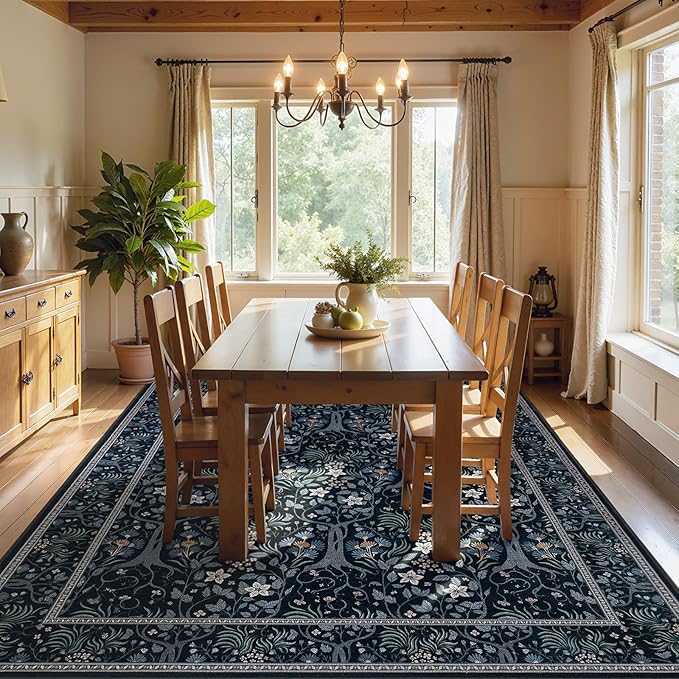 Joydeco Floral Living Room Rugs, Washable Large Bedroom Rug 8x10 Under Bed Non Slip, Soft Forest Botanical Low-Pile Floor Indoor Throw Carpet for Dining Table Home Office, Blue-Black