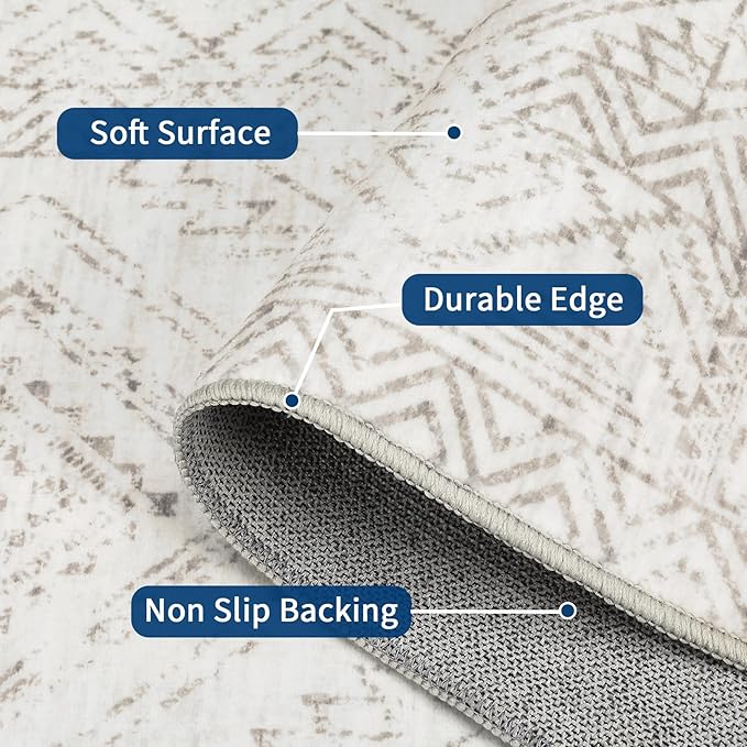 COZYLOOM Runner Rug 2x6 Living Room Washable Rugs Stain Resistant for Bedroom Soft Floor Carpet Non Slip Distressed Geometric Carpet for Dining Room Laundry Room Office, Ivory