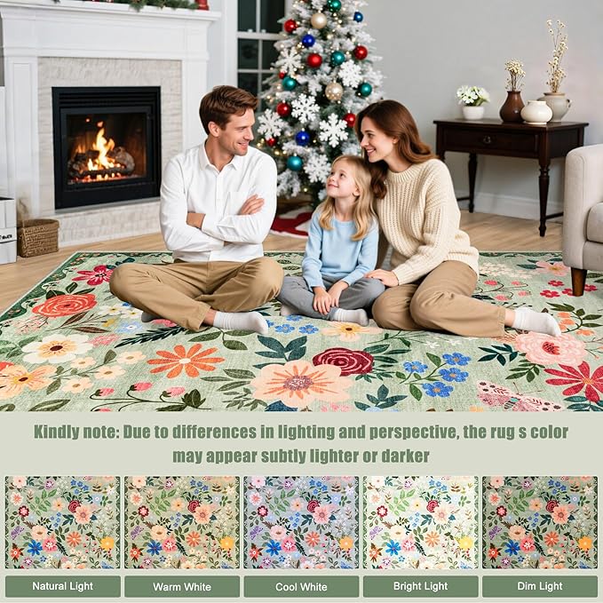 10x14 Area Rugs for Living Room: Floral Washable Rug Vintage Large Soft Boho Non-Slip Carpet Indoor Stain Resistant Low Pile Carpets for Bedroom Dining Room Farmhouse Nursery Hallway Home Office Green