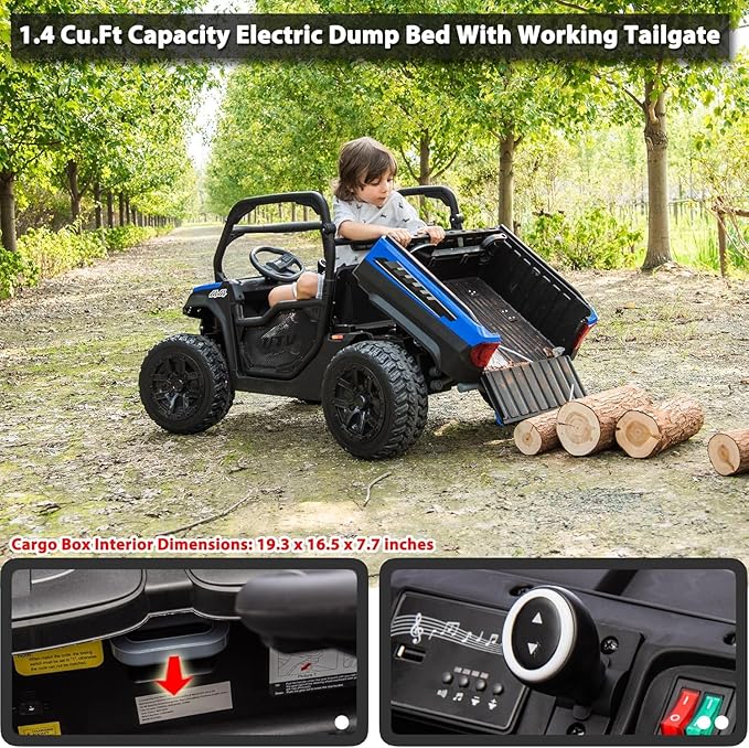 sopbost 24V 10Ah 2 Seater Ride On Car with Remote Control Battery Powered Ride On Toy Electric 4x4 Kids UTV with Large Dump Bed, 4x75W Motors, Blue